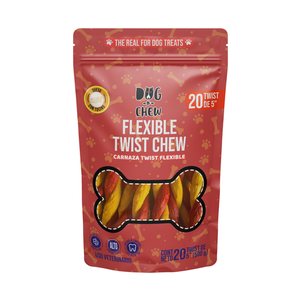 Flexible Twist Chew. Twist Flexible. Versión: Tocino-Queso . 20 pz
