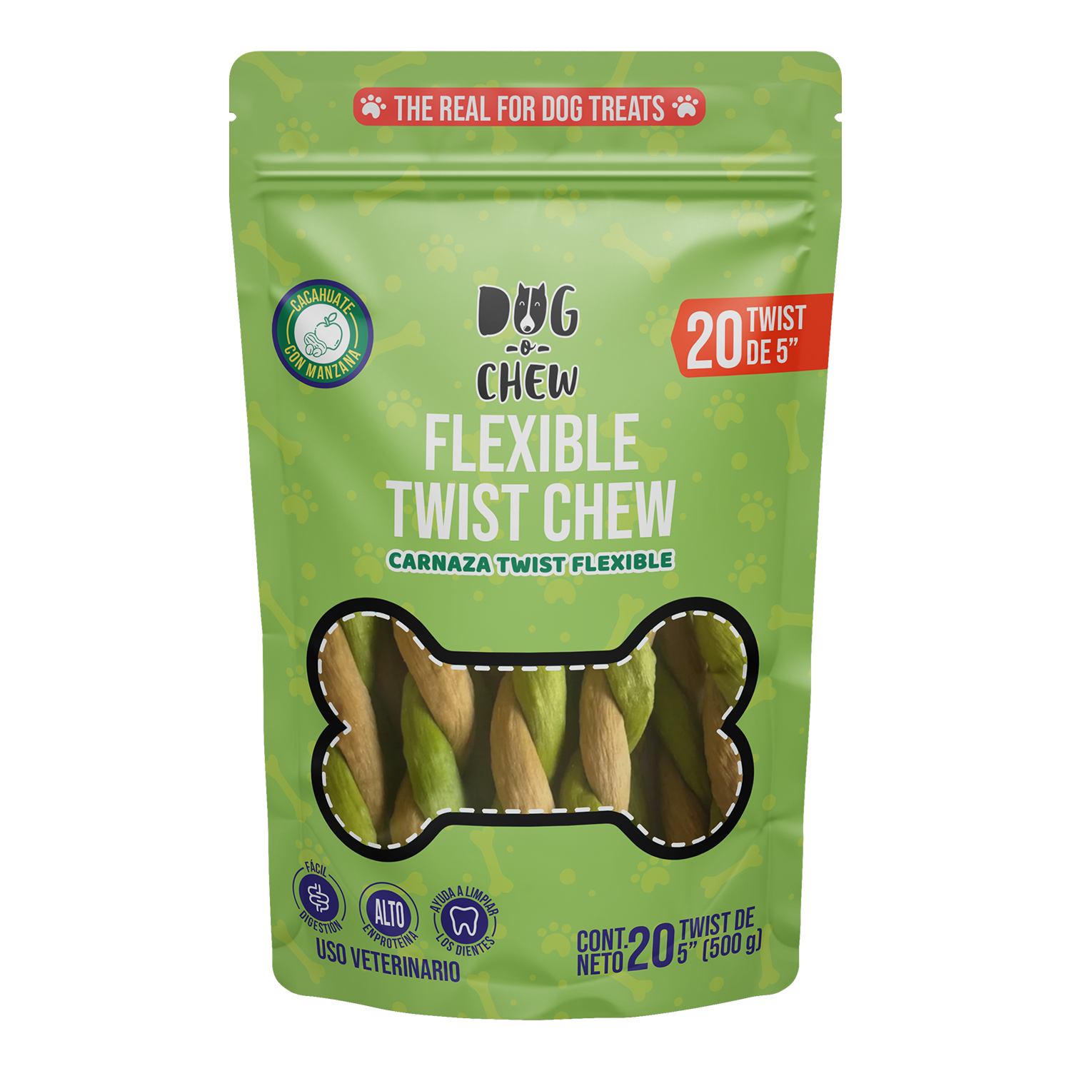 Flexible Twist Chew. Twist Flexible. Versión: Cacahuate- Manzana. 20 pz