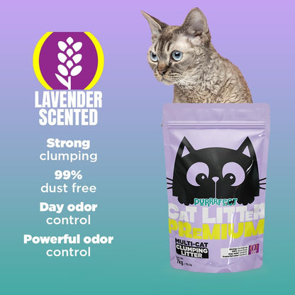 PURRRFECT CAT LITTER | Arena Gatos | Arena para Gato | Super Aglutinante | Terrones firmes| Calidad Premium a Precio Accesible | Aglutinamiento Superior| Todos los Gatos | No Polvo | (7kg Lavanda)