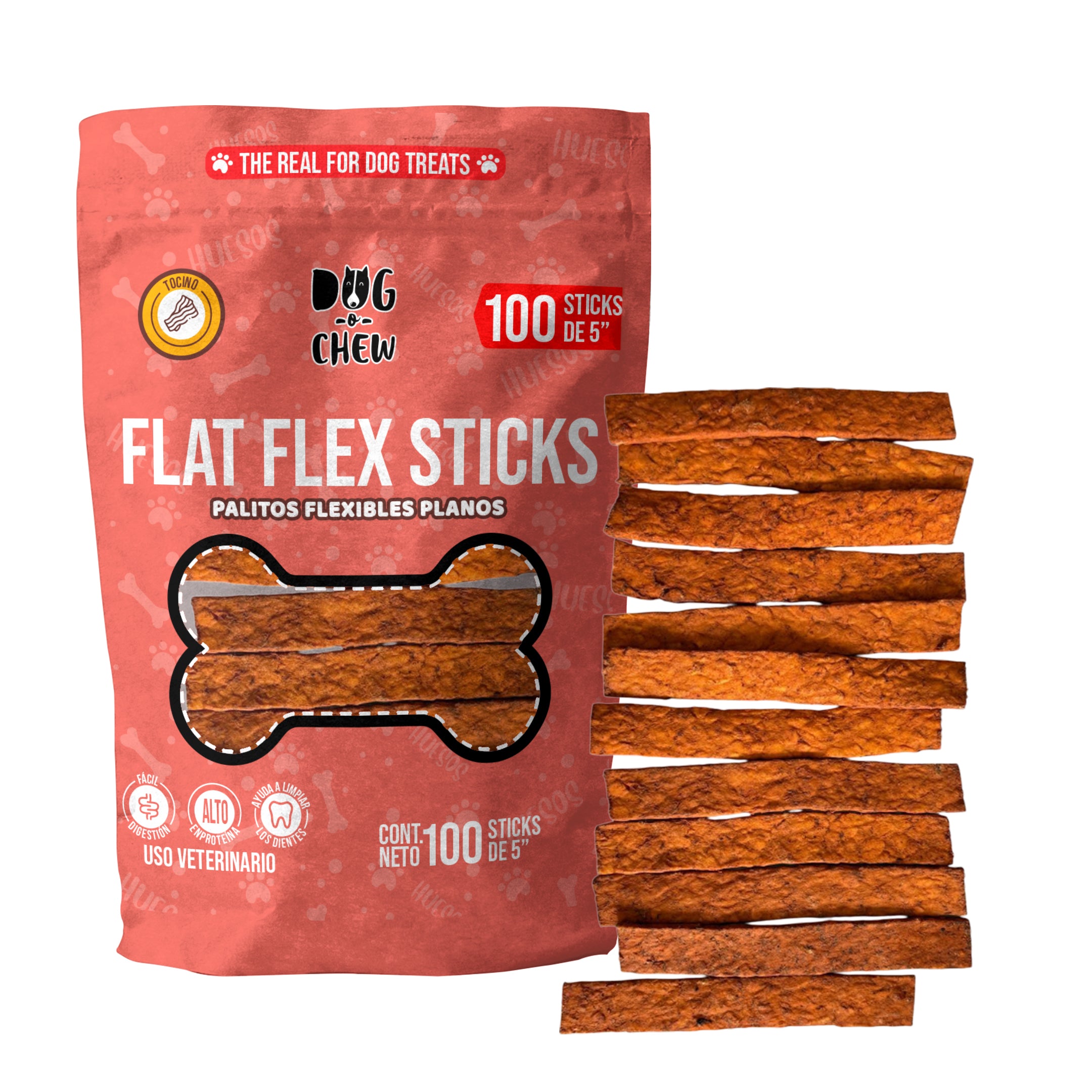Flat Flex Sticks. Palitos de Res Planos. Versión Tocino. 40 pz.