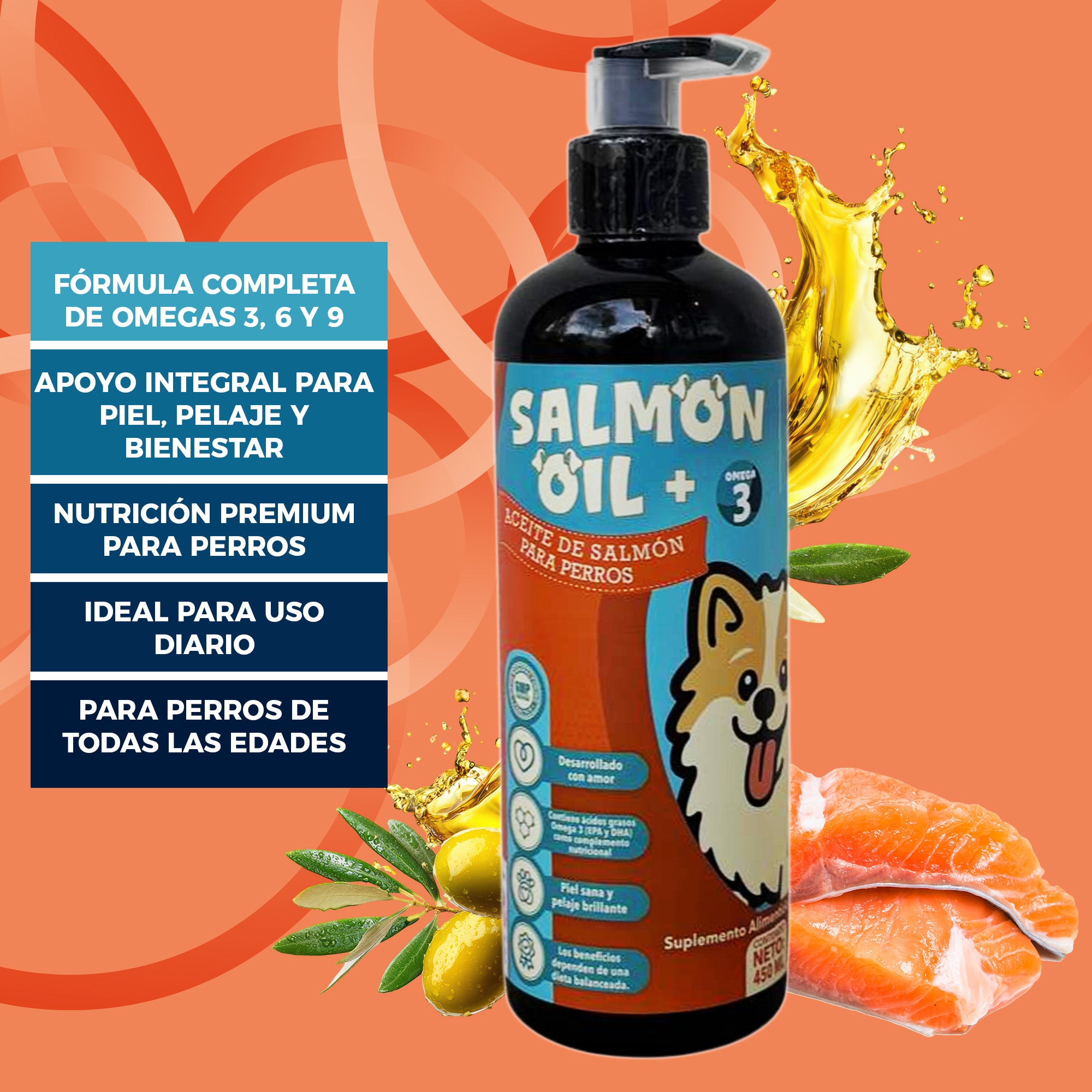 Aceite de Salmón adicionado con OMEGA, Aceite de LINAZA, Aceite de OLIVA, Vitamina E.