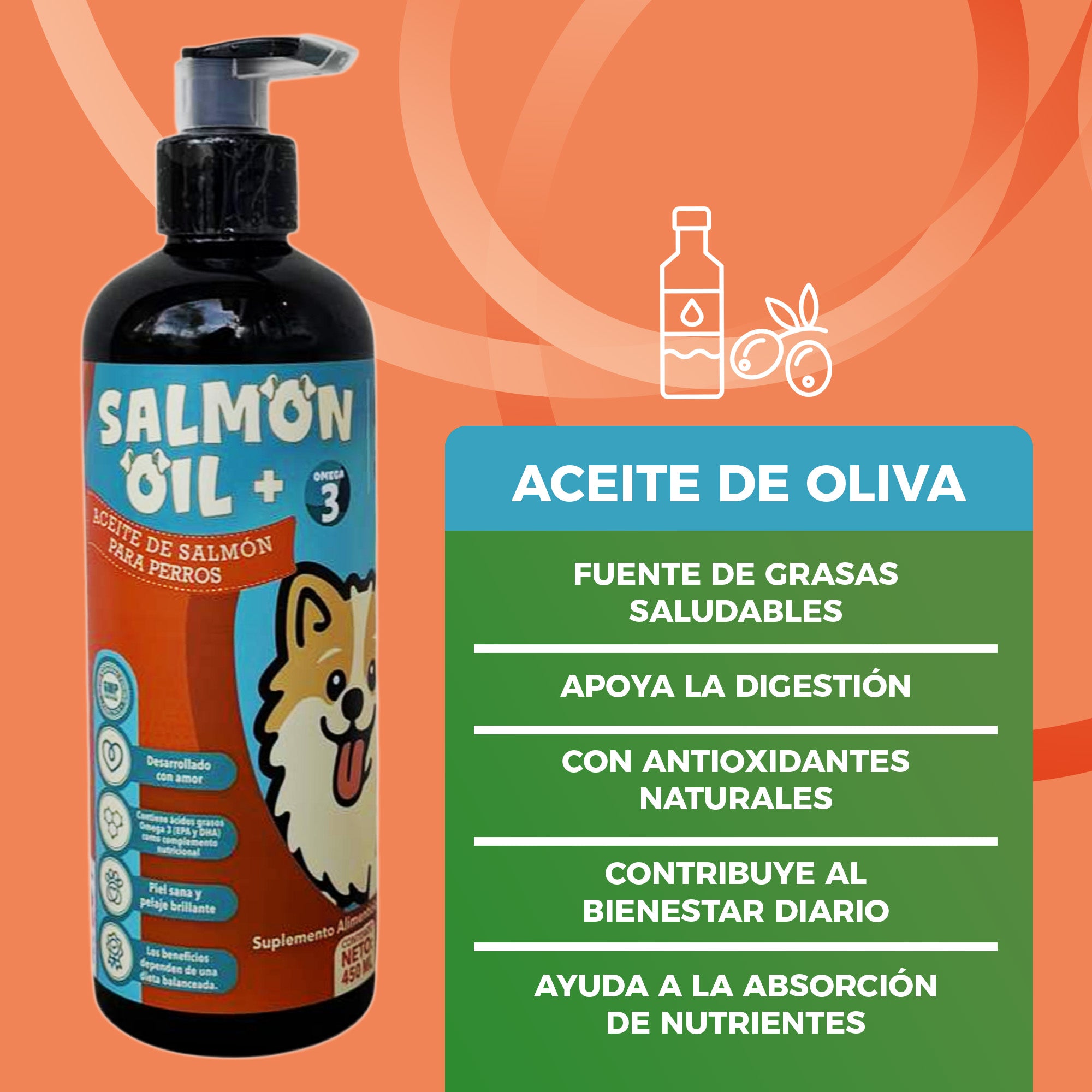 Aceite de Salmón adicionado con OMEGA, Aceite de LINAZA, Aceite de OLIVA, Vitamina E.