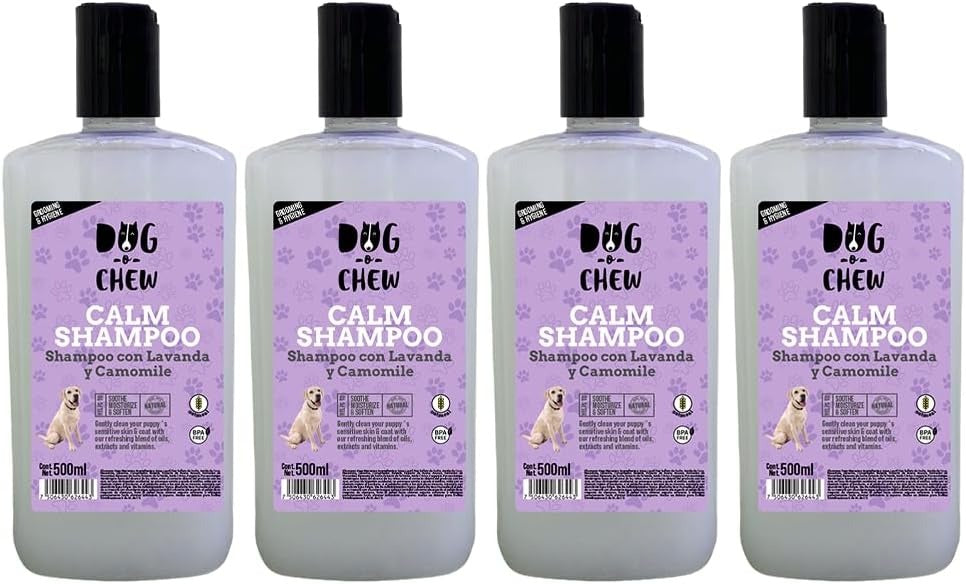 DOG-O-CHEW, Shampoo para Perro | Shampoo para Perro| Humectante |500 ml. | Estetica | Pets | Calm | Lavanda y Camomila| Paq 4 Botellas|