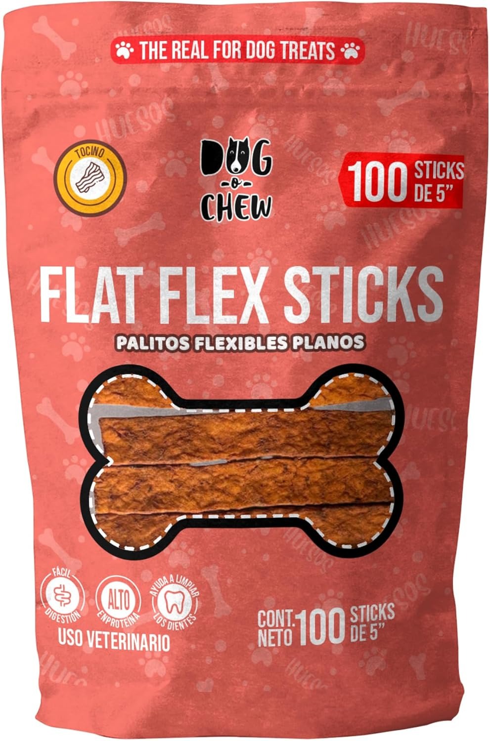DOG-O-CHEW | Carnaza para Perro | Premios para Perro | Perro | Flat Sticks | Sticks para Perro Forma Plana | Sabor Tocino|100% Natural | NO Almidones| Carnazas para Perro| 40 Piezas |