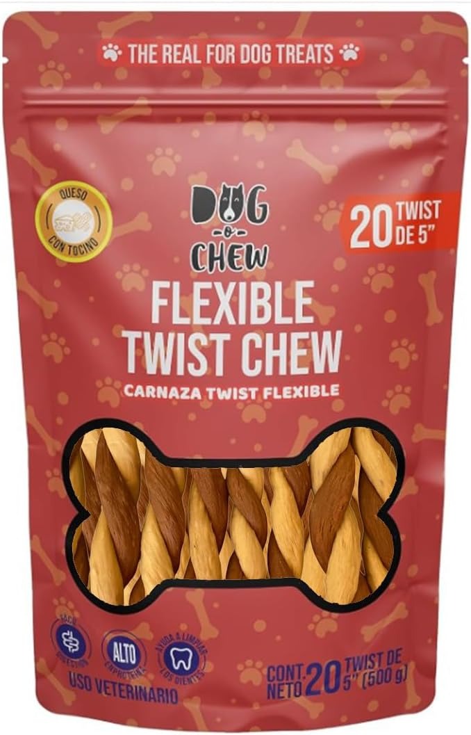 Flexible Twist Chew. Twist Flexible. Versión: Tocino-Queso . 20 pz